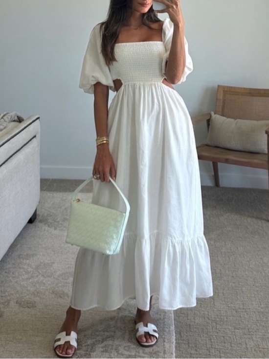 Dresses & Skirts - Smocked Bodice Puff Sleeve Maxi Dress - White